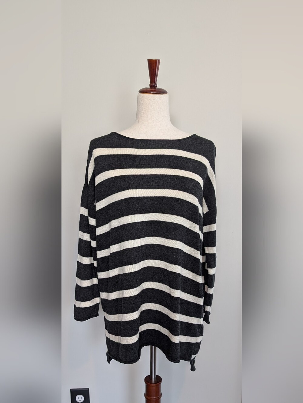 EIleen Fisher Women's Organic Cotton Sweater Charcoal Gray Ivory Striped Size XS